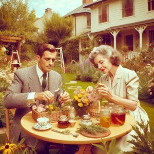 Adult son with mother drinking tea in garden with edible flowers