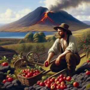 scottish apple grower on top of a lava mountain