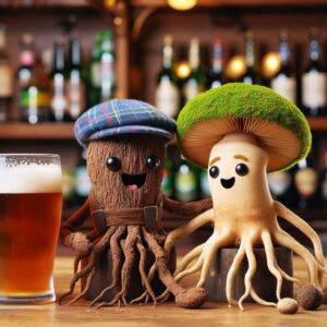 Funny image of a tree root person having a beer with a mycorrhizal fungi person