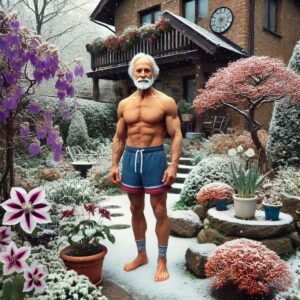 Athletic man standing in a snowy winter garden with clematis flowers