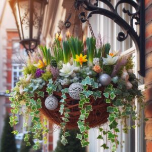 Winter hanging basket with dwarf spring bulbs