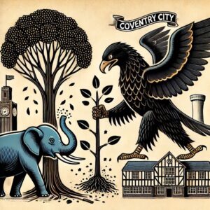 the eagle and elephant of Coventry planting trees