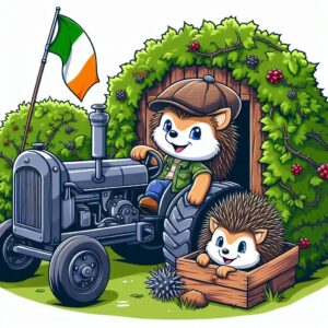 Irish magic hedge with hedgehog riding tractor