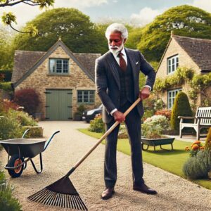 man raking gravel in a country garden driveway