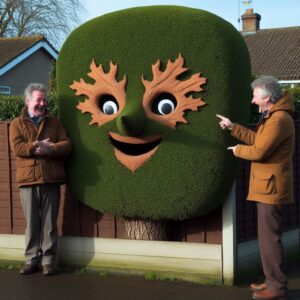 Orleton locals laughing at a Leylandii hedge disguised as an oak tree on Orchard lane