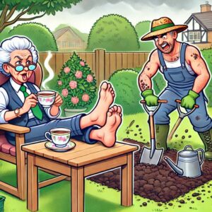 Old lady drinking tea and criticising a hard-working gardener