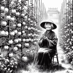 Grandma sitting by her -apple cordon trellis