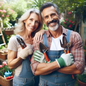 Man and woman doing garden chores